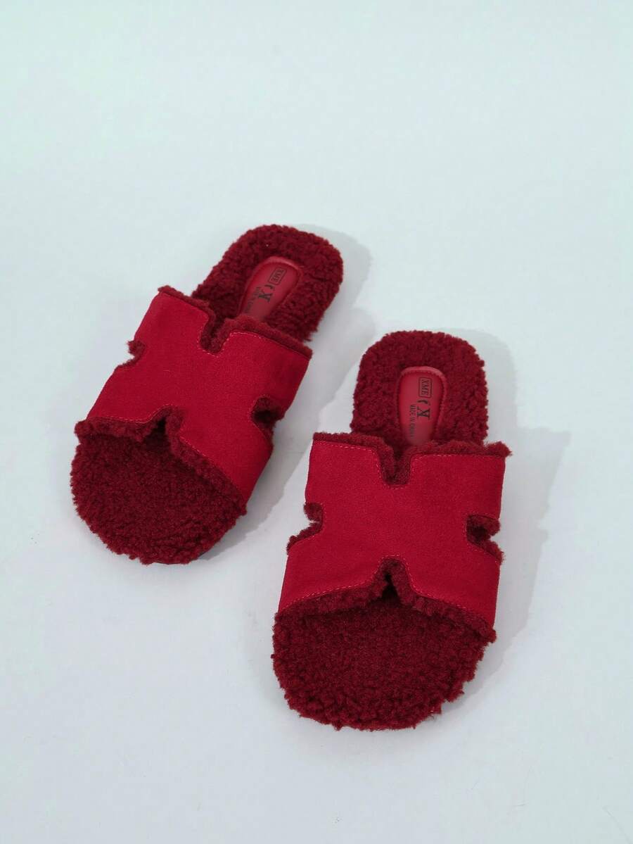 Women's Red Trim Faux Fur Slippers, Vintage Patchwork Design, Autumn/Winter Indoor/Outdoor Fuzzy Slides - Red - View 1