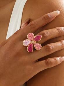1pc Bohemian Vacation Style Raffia Asymmetrical Flower Ring, Suitable For Women's Beach Outings, Daily Outfit Matching, Versatile Accessory - Rose Red - View 1