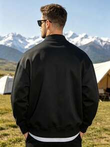 Men's Casual Polyester Jacket, Autumn Outerwear, Vintage Design, Holiday Aviator Jacket - Perfect For Daily Wear And Vacation - Black - View 5