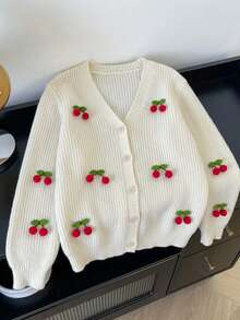 Girls Cute Solid Color Cherry Knit Cardigan Sweater Jacket, Long Sleeve, Suitable For Vacation, Casual, Spring, Autumn, Winter - Apricot - View 2