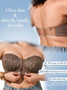 1pc Women's Plus Size Bandeau Bra, Lace Cup, Ruched Design, Front Closure Invisible Strap Bra, Comfortable Lift, Seamless Fit - Mocha Brown - View 4