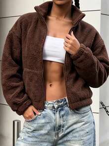 Women's Autumn/Winter/Spring Casual Zip-Up Lamb Fleece Wool Short Jacket, Fashion Solid Color Teddy Top, Slim Fit Sweatshirt For Outdoor, Fitness And Sports - Brown - View 1