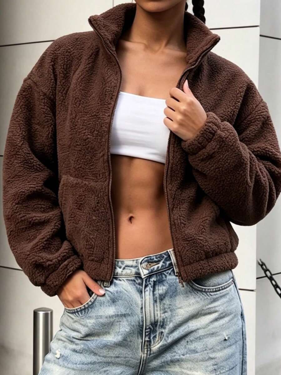 Women's Autumn/Winter/Spring Casual Zip-Up Lamb Fleece Wool Short Jacket, Fashion Solid Color Teddy Top, Slim Fit Sweatshirt For Outdoor, Fitness And Sports - Brown - View 1