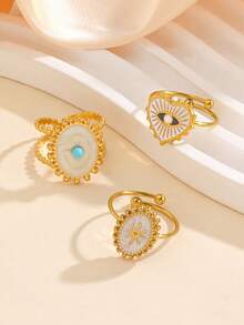3pcs Stainless Steel 18K Gold Plated White Oil Drop Evil Eye Open Ring, European And American Style Personalized Heart Star Adjustable Finger Ring, Suitable For Women's Daily Wear - White - View 2
