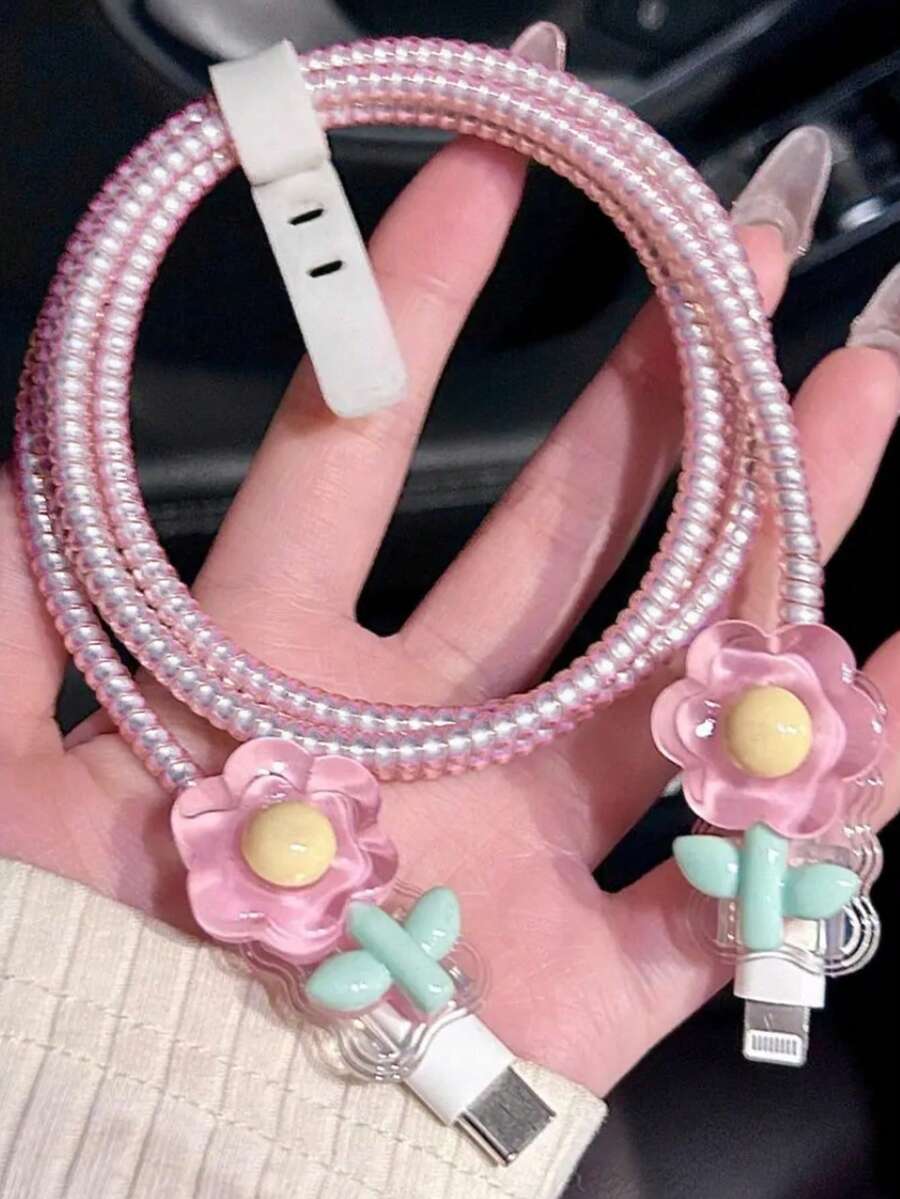 1 Set Sweet Floral Data Cable Protector Compatible With Apple 18W/20W, Ins Sweet Girl Style Data Cable Protector, Gift For Friends, Ideal Small Gift, Christmas Gift - Sheer Pink Flower - View 1