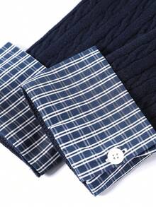 學院風復古格紋領拼接刺繡針織開襟衫，假兩件式針織衫，青春優雅休閒，適合秋季度假旅行與日常穿著 - 藍色 - 查看 3