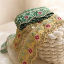 1/5碼 5.5公分寬刺繡亮片蕾絲飾邊－鮮黃、綠、白多色花卉圖案－適用於DIY帽子飾帶、領帶、窗簾裝飾及手工縫製項目 - 多色E - 查看 7