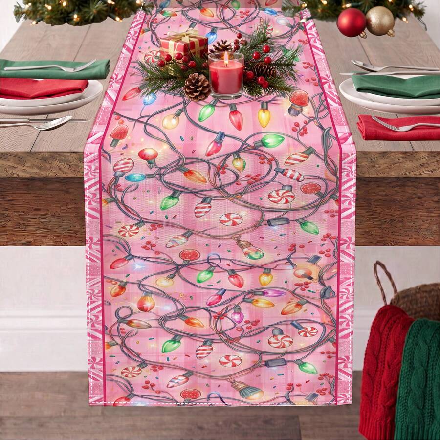 1pc Christmas Light Candy Print Table Runner, Suitable For Holiday, Party, Birthday, Dinner, Restaurant Table Decor, Christmas Autumn Winter Home Decoration - Multicolor - View 1
