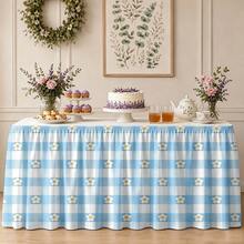 1pc Table Skirt, 2D Printed Blue & White Plaid With Daisy, Suitable For Home Decor, Holiday Decor, Party Supplies, Party Gifts, Party Event Decor, Table Decor - A - View 5