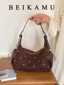 1pc Fashion Polka Dot Crescent Bag, Zipper Closure Suede PU Patchwork Vintage Style Shoulder Bag, Adjustable Strap Crossbody Bag, Suitable For College, Commuting, Shopping, Street Wear, Daily Use - Coffee - View 2