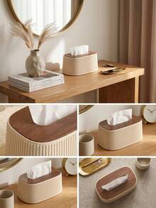 1pc Nordic Minimalist Style Tissue Box, INS Creamy Vertical Stripe Decor, Solid Wood Lid, Built-In Spring Smooth Dispensing, Fits Multiple Tissue Sizes, Suitable For Bathroom Vanity Countertop, Bedroom Dresser, Living Room, Nightstand, Desk, Office Desktop Storage Tissue Holder - Multicolor - View 7