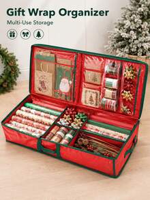 1pc Christmas Wrapping Paper Storage Bag, Large Capacity Gift Wrapping Storage Container With Transparent Pocket, Secure Tie, Reinforced Handle And Zipper, Foldable Holiday Storage Bag, Suitable For Wrapping Paper Rolls, Ribbons, Bows, Gift Bags And Supplies - Multi-color - View 9