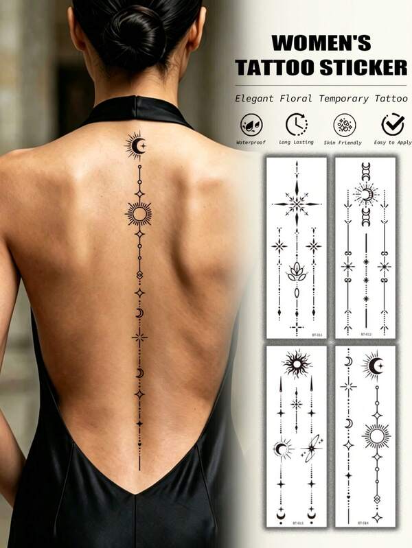 4pcs Fashionable Cool Temporary Tattoo Stickers, Couple Tattoos, Black Fake Tattoos, Disposable Tattoos, Lotus, Flower, Chain, Arrow, Moon, Sun, Star Patterns, Waterproof Non-Reflective, Lasts 2-5 Days, Easy To Apply And Remove, Very Realistic, Suitable For Men Or Women Back, Chest, Legs, Arms, Waist, Abdomen, Feet, Suitable For Daily, Holiday And Party Supplies