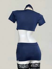 Captain & Flight Attendant Uniform Costume Set, Streamer Cosplay Outfit, JK Premium Short Sleeve Shirt 5-Piece Set - Blue - View 2