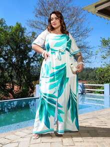 vestido longo feminino com fenda plus size  elegante  Casual  Conservador / modesto - estampa verde - Visão 4