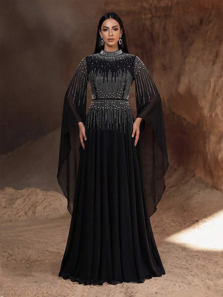 YISIKADO Women's Flowy Chiffon Evening Gown, Rhinestone Embellished, High Neck Flare Sleeve Long Dress Party