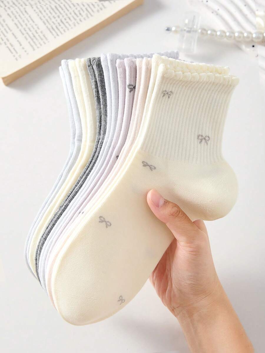 4 Pairs Women's Cute Sweet Romantic Breathable Bow Pattern Short Socks, White Casual Comfortable Mid-Calf Socks, College Style Student Socks, Fashionable Comfortable, Random Color, Suitable For Daily Wear, Spring Summer Autumn Winter All Seasons - Multicolor - View 1