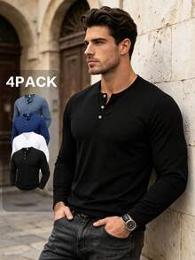 Men's Spring/Autumn New Casual Minimalist Henley Collar Long Sleeve Tops 4-Piece Set, Suitable For Daily Commute And Vacation Wear - Multicolor - View 2