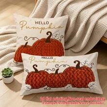 1件米色底 Hello Pumpkin 仿刺繡枕套，鄉村風秋季感恩節輕量聚酯纖維單面印花靠墊套，可手洗、機洗、乾洗，拉鍊開口，適用於居家、沙發、床、臥室、客廳、咖啡廳、展覽廳，裝飾枕套，節日派對裝飾 - 亮橙色 - 查看 6