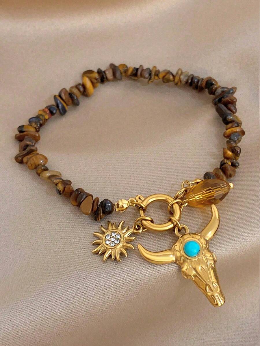 Western Cowboy Steel Bull Skull Sun Natural Tiger Eye Turquoise Bead Bracelet For Women,Gold Jewelry,Party,Daily,Christmas,Birthday Gift/Halloween - Multicolor - View 1