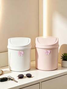 Cute Desktop Trash Can With Bow Decor,Mini Table Waste Bin,Portable Countertop Garbage Bucket,Flip Cover With Lid,For Bedroom,Dorm,Office,Makeup Desk,Countertop,Home Essentials,Unique Birthday Gift,Back-To-School Gift,Holidays Gift,Parties Gift - B - View 6