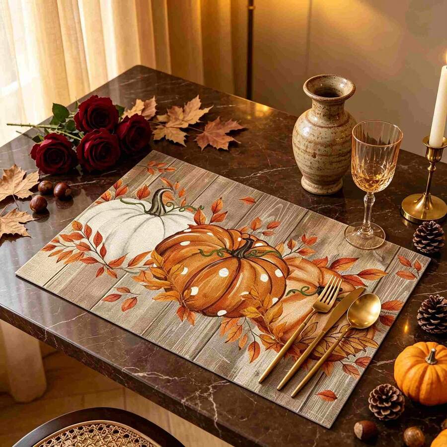 1/4/6pcs Autumn Series Wooden Pumpkin Pattern Printed Placemats, Heat Resistant Table Mats For Home Kitchen/Dining Table Protection, Party Scene Decor