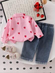 Baby Girl Spring/Autumn Strawberry Theme 2pcs Outfit Set, Pink & White Striped Long Sleeve Collared Single-Breasted Strawberry Print Shirt + Washed Gradient Frayed Hem Straight Leg Denim Jeans, Casual Outing Set - Pink - View 3