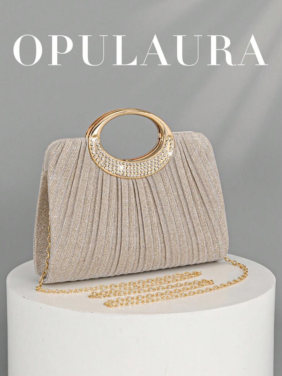 OpulAura Women's Sparkling Crystal Rhinestone Evening Clutch Bag, Glittering Luxury Studded Formal Handbag, Bride, Wedding, Prom, Detachable Chain - Gold - View 1