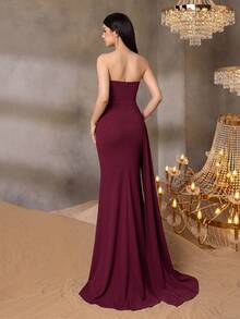 ALISA&LEO Exquisite Spaghetti Strap Lace Maxi Dress For Teens, With Boning Waist Detail And Side Slit, Suitable For Evening, Party, Dinner And Celebration - Burgundy - View 2