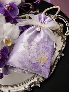Purple Satin Drawstring Gift Bag, Printed Pattern, Transparent Organza Bow, Pearl Decoration, Twisted Rope Handle, Elegant Reusable Party Favor Bag, Suitable For Wedding Reception, Bridal Shower, Birthday Party, Anniversary, Gift Wrapping And Event Table Decor - Multicolor - View 4