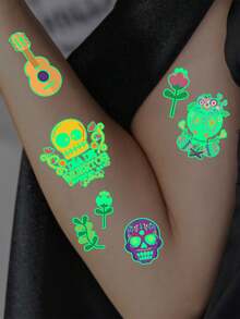 10 Sheets, Mexican Day Of The Dead Series Temporary Tattoo Stickers, Glow-In-The-Dark, Luminous Light Up In The Dark, Body Art Waterproof Fake Tattoo Stickers - Multicolor - View 5