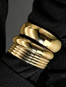 6pcs Vintage Elegant Wide Flat Metal Bangles, Suitable For Women's Daily, Party, Vacation Occasions, Gift - Gold - View 3