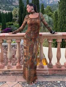 Fall Effortless Chic Abstract Print Mesh Maxi Dress Women Vintage Print Long Sleeve Side Ruched Bodycon Elegant Party Club Dress With Scarf - Multicolor - View 6