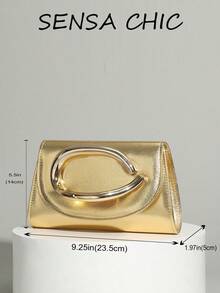 Small Square Metal Ring Handle Handbag With Contrast Stitching Edging, Flap Design, Metallic Glossy Finish, Magnetic Closure, Luxury Evening Style Clutch Bag For Women, Suitable For Banquet, Party, Wedding, Date, Evening Dress Matching, Gold Exquisite Handheld Small Square Bag - Champagne - View 6