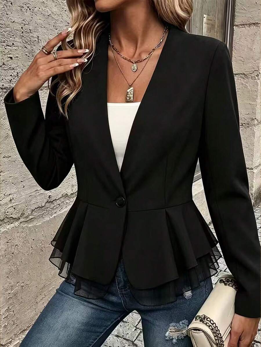 Blazer Wanita Elegan Warna Hitam dengan Hem Asimetris dan Ruffle, Trim Renda Kontras, Lengan Panjang, Bahan Poliester, Jaket Musim Gugur - Hitam - View 1