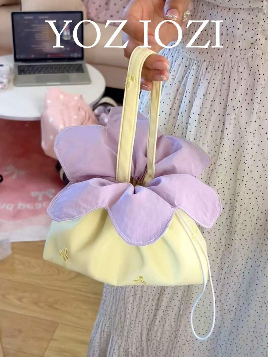 小眾設計刺繡蝴蝶結花卉水桶包 時尚極簡女款單肩包 新中式百搭通勤、出遊、購物肩背包 - Butter Yellow - 查看 1