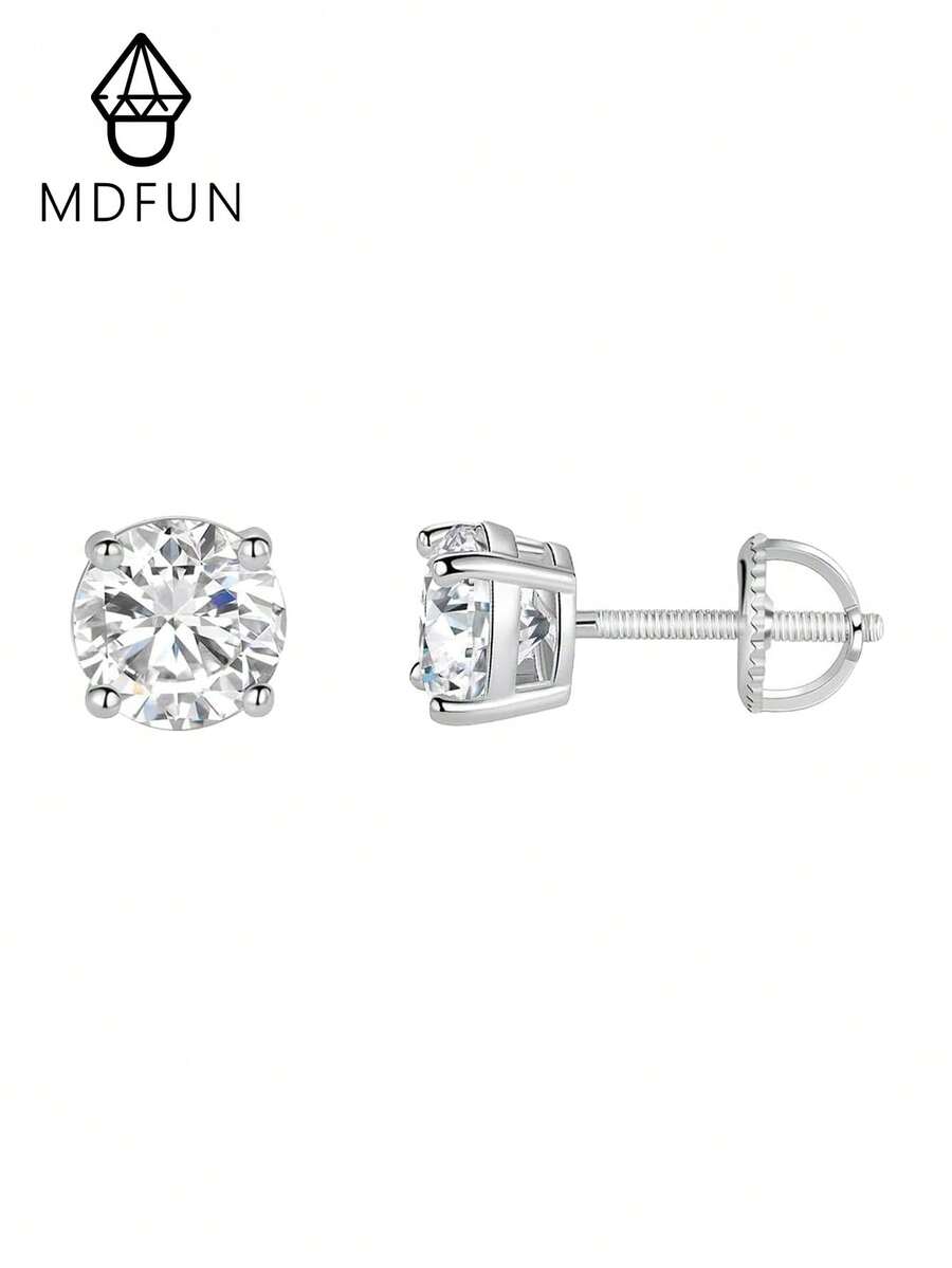 MDFUN 中性螺絲背耳釘耳環套組，18K白金電鍍圓形透明立方鋯石低過敏耳環禮品套組
