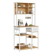 VASAGLE Scaffale da Cucina con Prese, Scaffale per Microonde, Ripiani Regolabili, Cassetto in Tessuto, 12 Ganci, 40 x 80 x 180,8 cm, Bianco Opaco e Rovere Dorato - Bianco opaco e rovere dorato - Visualizzare 3