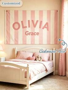 Personalized Name Wall Tapestry, Custom Text Blue & White Striped Hanging Flag With Metal Grommets, Bedroom Living Room Wall Decor, Home Decoration And Housewarming Gift - Multicolor - View 2