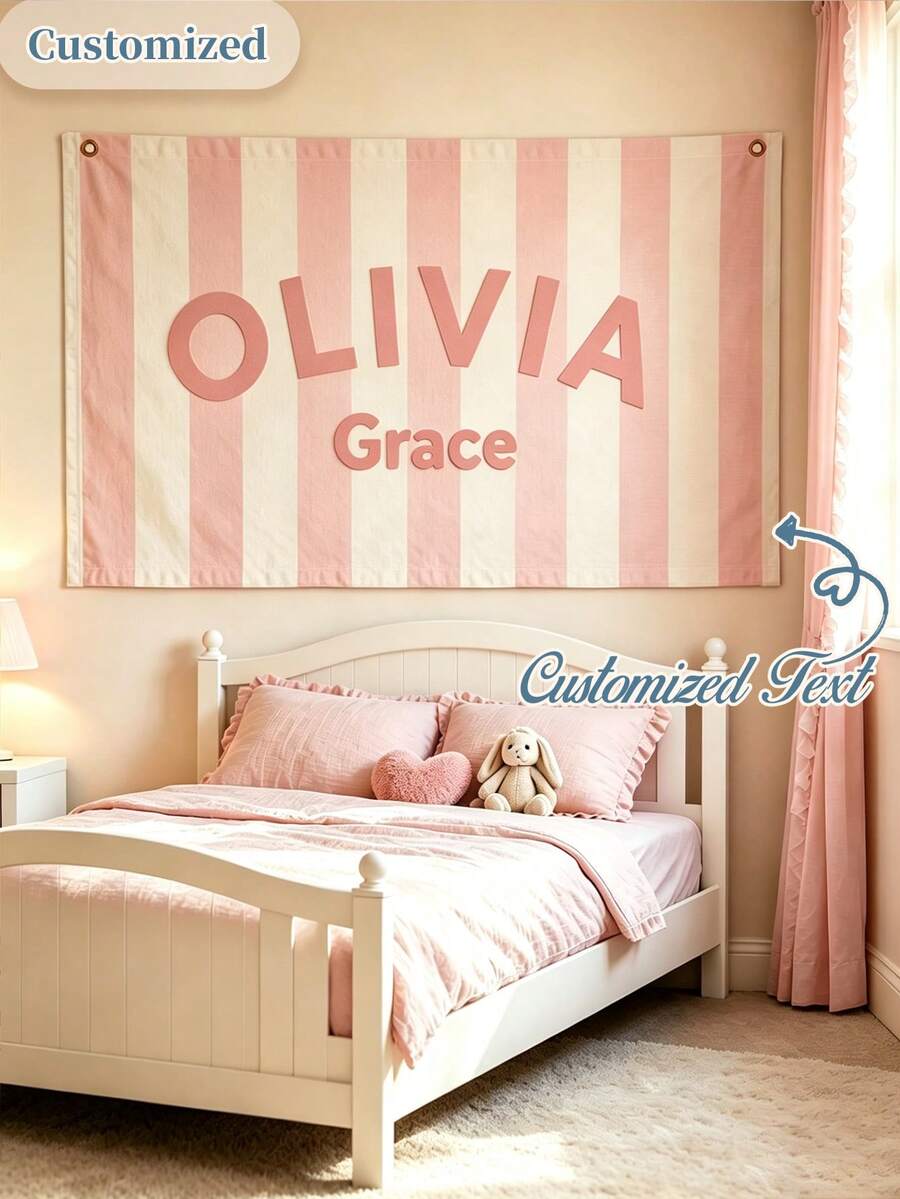 Personalized Name Wall Tapestry, Custom Text Blue & White Striped Hanging Flag With Metal Grommets, Bedroom Living Room Wall Decor, Home Decoration And Housewarming Gift - Multicolor - View 1