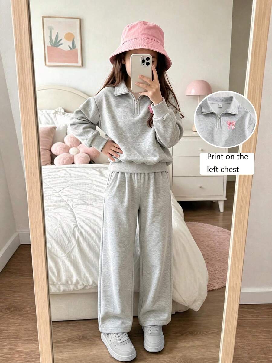 Girls' Bowknot Print Gray Zipper Hoodie And Wide Leg Pants 2 Pieces Set, Minimalist Design, Suitable For Spring, Autumn And Winter Wear, Comfortable And Relaxed - Grey - View 1