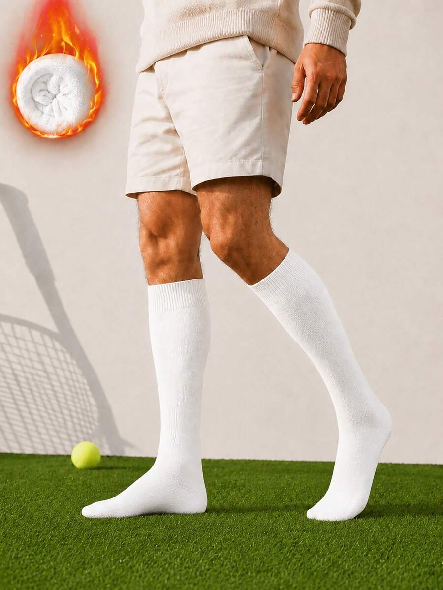 1Pair Simple Men Solid Color Knee High Sports Socks, Ribbed Cuff Thick ...