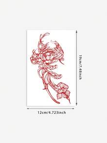 1件臨時紋身貼紙，紅色線條藝術菊花與鳶尾花圖案，逼真假紋身設計，適合日常配戴、單身派對小禮、音樂節、Cosplay、畢業禮物，可維持3-5天 - 紅色 - 查看 2