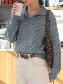 Women Fall Winter Grey Sweater Polo Collar Loose Fit Casual Back To School, Street, Shopping, Daily Wear - Grey - View 7
