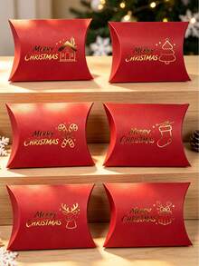 12PCS/Wholesale Christmas Pillow Gift Box Red Paper Candy Box 6 Kinds Cartoon Xmas Design Gold Foil Stamping 4.33*2.76 Inch Foldable Holiday Gift Packaging Box - View 7