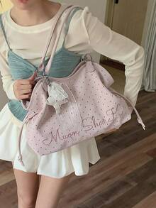 Embroidered Polka Dot Tote Bag, Y2K Sweet Cool Style Shoulder Bag, Large Capacity Commuter Bag, No Pendant, No Pendant - Pink - View 3