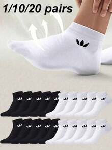 20 Pairs Men's Black & White Solid Color Boat Socks, Sweat-Absorbent Breathable Invisible Socks, Couple Socks, Unisex, Suitable For Daily Wear, Sports, Travel, Home, All Seasons, Available In 1 Pair/10 Pairs/20 Pairs - Black and White - View 1