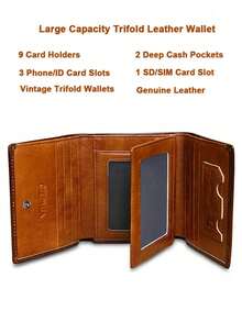 Premium Men's Genuine Leather Trifold Wallet - Secure ID Window, RFID Blocking - Genuine Leather Material, Large Capacity, Convenient Flip Card Slots, Men's Wallet, Compact Wallet, Genuine Leather Material - Brown - View 3