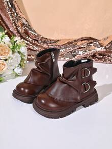 Girls' Fashion Ruched Ankle Boots With Metal Ring Buckle, Side Zipper, Thick Sole, Retro Style - Brown - View 2