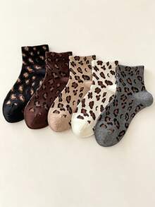 1/5/10 Pairs Vintage Leopard Print Short Socks, Maillard Brown Tone Women's Casual Socks, Multi-Color Fashion Socks - Multicolor - View 3
